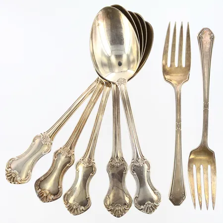 5 Skedar 2 gafflar, längd: 15,5- 17,5cm, 830/1000 silver Vikt: 315,1 g