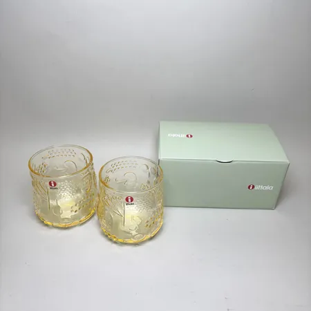 2 Glas Iittala "Frutta" Oiva Toikka 1968, höjd ca 7,5cm, gult glas, citron, 25cl.