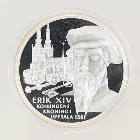Silvermynt "Erik XIV Konungens kröning i Uppsala 1561" Kungariket Sverige Ø 36mm, 3mm, i plastetui, Silver 925/1000, 27,1g Vikt: 27,1 g
