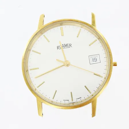 Herrur Roamer Ø34mm, saknar krona, defekt, 18K i boett. Bruttovikt: 25,3gram 
