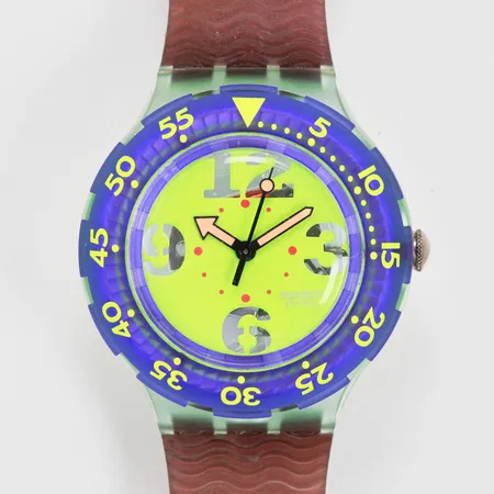 Herrur Swatch Scuba Diver 200 Ø ca 38mm plast quartz gummiband batteribyte krävs plastetui 