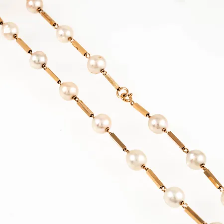 Collier pärla/stav längd 43cm bredd 1,8-8mm, 18st odlade pärlor Ø8mm, längd på stavar 9mm, stämplad HE (Heribert Engelbert AB, Stockholm), kattfot, 18K 20,8g.