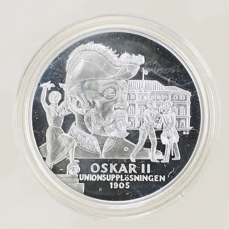 Silvermynt "Oskar II Unionsupplösningen 1905" Kungariket Sverige, Ø 36mm, bredd 3mm, i plastetui, Silver 925/1000, 27g Vikt: 27 g