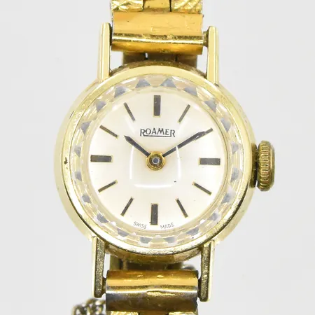 Damur Roamer 14K med länk i doublé, manuell, Ø17mm, defekt krona/går ej att vrida upp, bruttovikt 27,4g