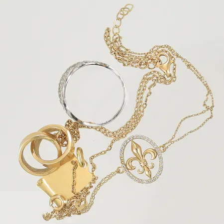 Ring vitguld med vita stenar, Armlänk med vita stenar, Hänge, Halsband, defekter/flera stenar saknas, 14K 8,3g Vikt: 8,3 g