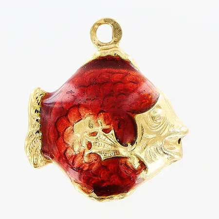 Hänge emaljerad fisk 12x14,5mm, saknar ögla, slitage, 18K. Vikt: 1 g