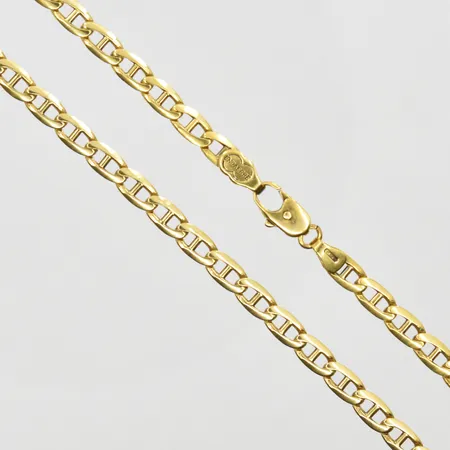 Kedja Marinalänk längd 52½cm, bredd 4mm, dålig fjädring på lås, 18K. Vikt: 22,6 g