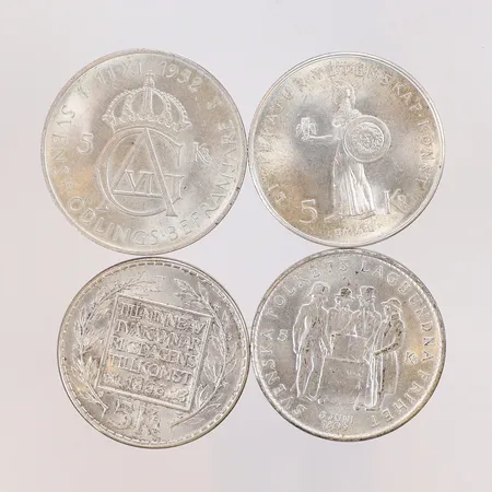 4 Silvermynt, Gustaf VI Adolf Sveriges Konung, "5kr" Sverige, år 1952-1966, 400/1000 silver Vikt: 76,9 g