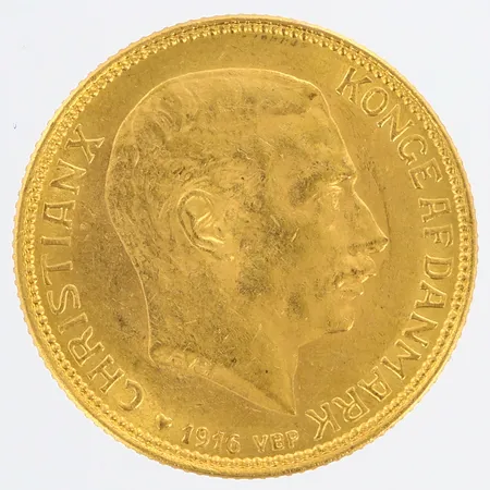 Mynt Christian X Ø23mm, 20Kronor Danmark år 1916, 21,6K Vikt: 9 g