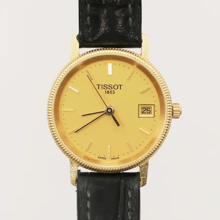 Damur Tissot 18K, quartz datum läderband gravyr, går ej