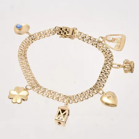 Armband 18cm Bismarck 2st rader bredd 6mm, 6st berlocker, Jo-Ans Guld, 18K, 14,41g.