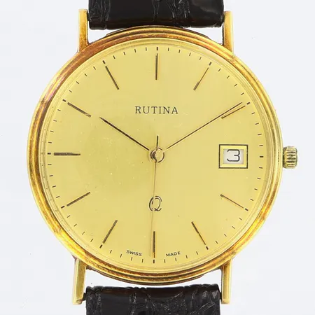 Herrur Rutina Ø30mm, quartz, datum, i behov av batteribyte, läderband ej original, 14K 