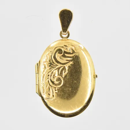 Hänge medaljong med plastinlägg, längd 25mm, bredd 15mm, 18K. Vikt: 2,6 g