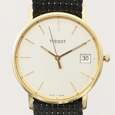 Herrur Tissot 18K Ø33mm quartz, datum slitet tygband personlig gravyr