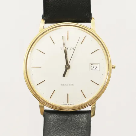 Herrur Tissot Seastar Ø34mm boett i 18K datum, slitage på läderband repor, gravyr saknar krona