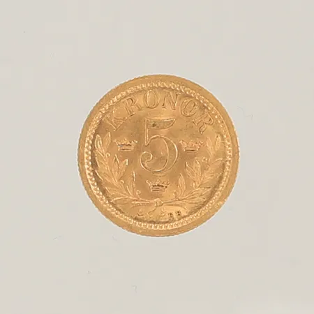 Guldmynt "Oscar II Sveriges och Norges konung 1899", 5kr, Ø16mm, 21,6K, 2,2g Vikt: 2,2 g