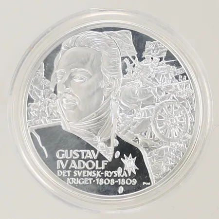 Silvermynt Gustav IV Adolf "Det svensk-ryska kriget 1808-1809" Kungariket Sverige, Ø 36mm, bredd 3mm, i plastetui, Silver 925/1000, 27,1g Vikt: 27,1 g