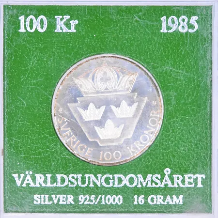 3 mynt världsungdomsåret 1985 plast etui silver 925/1000. Vikt: 48 g