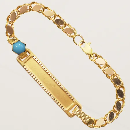 Armband med gravyrbricka samt turkos sten, längd 13cm bredd 6,5mm 14K Vikt: 1,8 g