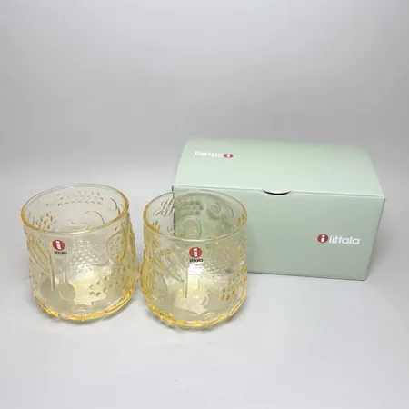 2 Glas Iittala "Frutta" Oiva Toikka 1968, höjd ca 7,5cm, gult glas, citron, 25cl.