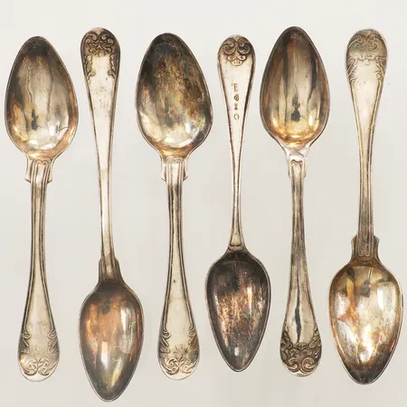 Sex teskedar Gammal Fransk modell längd ca 13cm silver 830/1000 Vikt: 73,8 g