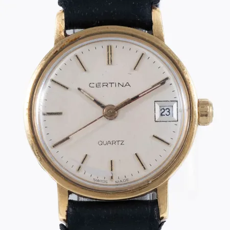 Damur Certina 18K boett Ø21,5 mm med personlig gravyr. Läderband. Quartz- går ej. 