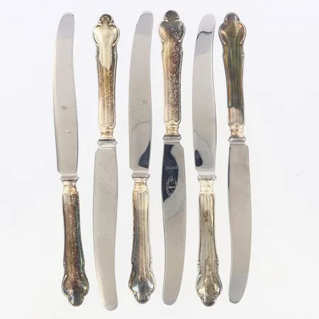 6 Matknivar längd: 21cm, blad i stål, bruttovikt: 278,6gram, 830/1000 silver Vikt: 0 g