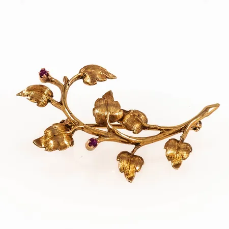 Brosch stjälk med blad och två rosa stenar 43x28mm, 18K 4,6g.