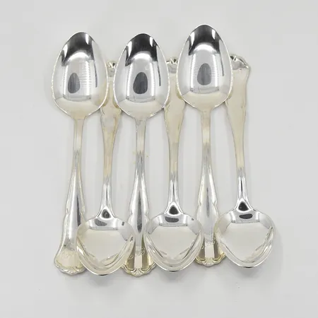 6 kaffeskedar Chippendale, längd 11½cm, tillverkade Y8/1949, gravyr, silver 830/1000. Vikt: 78,8 g