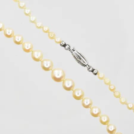 Pärlcollier med 96 odlade pärlor, doserad Ø3-7mm, längd 49cm, dålig lyster/slitna pärlor, lås i silver 835/1000. Vikt: 0 g
