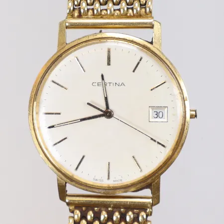 Herrur Certina, Ø33mm, quartz, datum, repigt glas, repig boett, slitage, saknar krona, 18K i länk och boett, bruttovikt 62,3g Vikt: 62,3 g