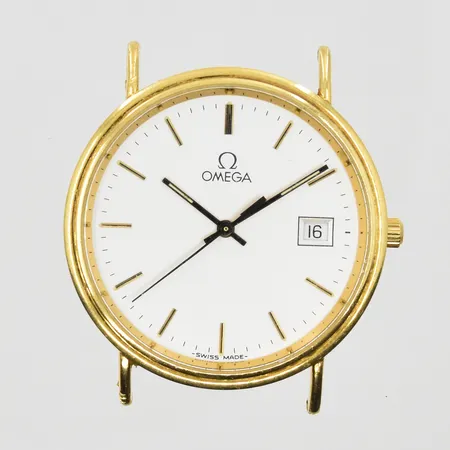 Herrur Omega 18K, quartz, Ø34mm, datum, boettnr 55259954, behov av batteribyte, inga tillbehör, bruttovikt 23,0g