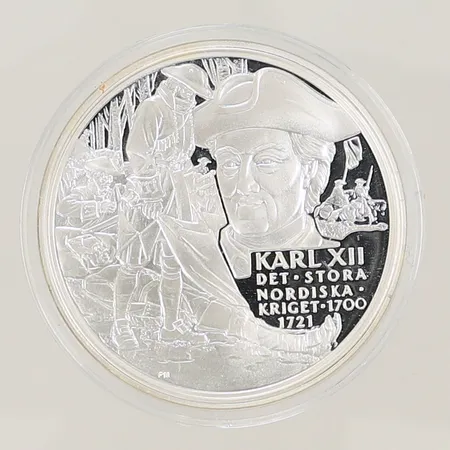 Silvermynt "Karl XII Det stora nordiska kriget 1700-1721" Kungariket Sverige, Ø 36mm, bredd 3mm, i plastetui, Silver 925/1000, 27,2g Vikt: 27,2 g