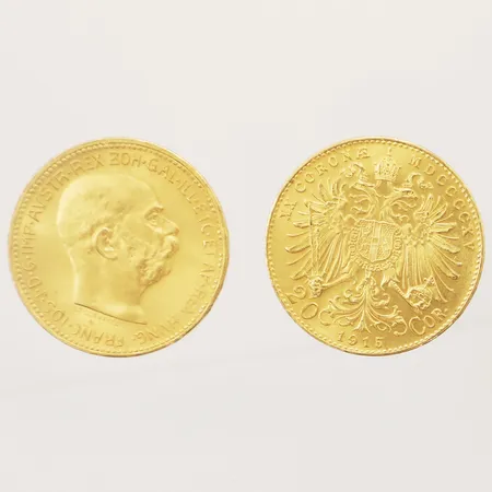 Två mynt 20 Corona Francis Joseph I, Ø21mm år 1915 21,6K Vikt: 13,6 g