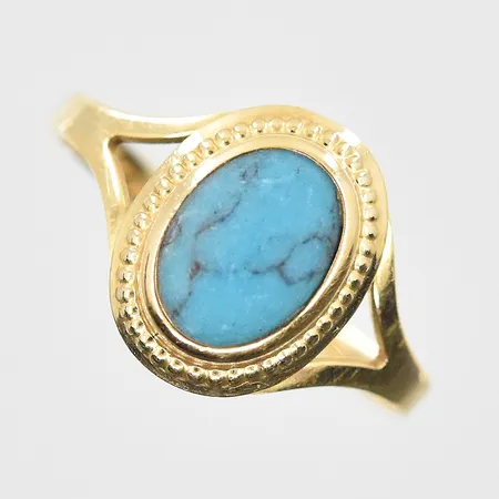 Ring med turkos stl:16, bredd 2-11mm, 14K. Vikt: 1 g
