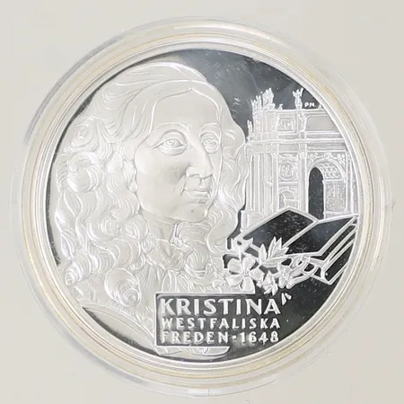 Silvermynt "Kristina Westfaliska freden 1648" Kungariket Sverige, Ø 36mm, bredd 3mm, i plastetui, Silver 925/1000, 27,3g Vikt: 27,3 g