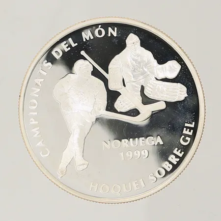 Silvermynt Champions del món Noruega 1999 Hoquei sobre gel, Joan D.M.Bisbe D'Urgell Príncep D'Andorra, i etui, Silver 925/1000, 31,2g Vikt: 31,2 g