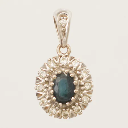 Hänge Carmosé diamanter 13 x ca 0,01ct, samt safir, längd 12,8mm inkl ögla bredd 4,2mm, vitguld 18K Vikt: 1,9 g