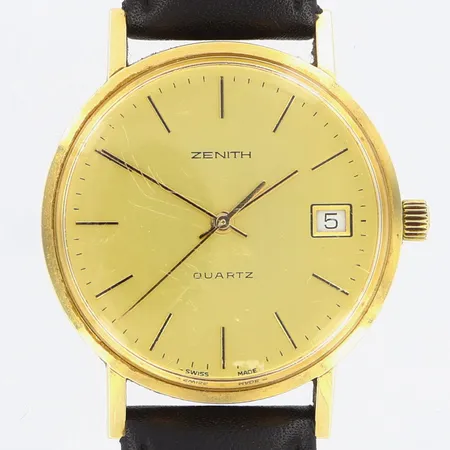 Herrur Zenith Surf Ø34mm, quartz, datum, gravyr, i behov av batteribyte, läderband ej original, 14K 