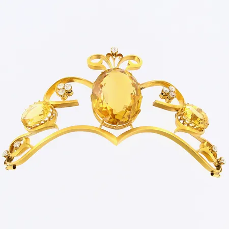 Brudkrona med gammalslipade diamanter, ca11x0,09-0,12ct & citriner 24x29mm, 16x12mm x 2, bredd: 11cm, Höjd: 5cm, bruttovikt: 49,36gram, 18K Vikt: 49,4 g
