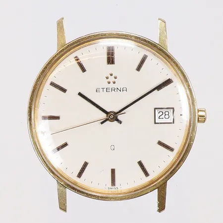 Herrur Eterna, Ø33mm, quartz, datum, repigt glas, gravyr, saknar länk, 18K i boett, bruttovikt 19,6g Vikt: 19,6 g