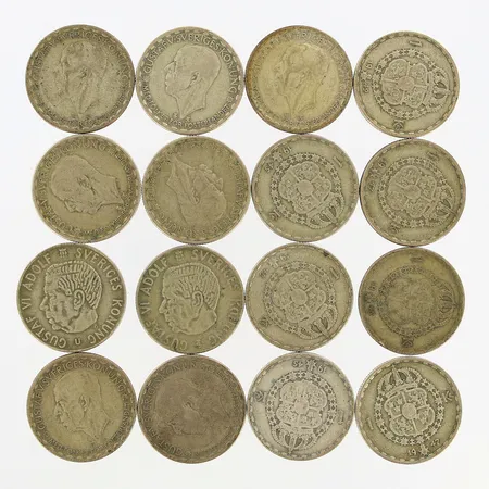 16 Mynt 1-krona 1942-1946,1947-1950,1957,1967, Ø24mm, 400/1000 Silver Vikt: 111 g