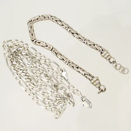 Halskedja Figaro 55cm bredd 4,5mm, trasigt lås. Armband Kejsare 16cm bredd 4-7mm, saknar lås, silver 925/1000-delar 25,3g