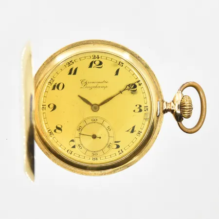 Savonette Chronometre Longchamp 14K, manuell, Ø51mm, boettnr 97035, innerboett i metall, liten sekundvisning, 24-timmarsvisning, personlig gravyr insida, skruv saknas på urverk, fungerade vid testtillfället, kronan något defekt, bruttovikt 82,0g