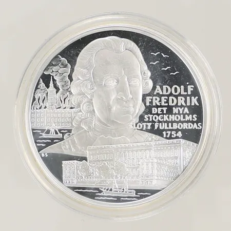 Silvermynt "Adolf Fredrik Det nya Stockholms slott fullbordas 1754" Kungariket Sverige, Ø 36mm, bredd 3mm, i plastetui, Silver 925/1000, 27,4g Vikt: 27,4 g