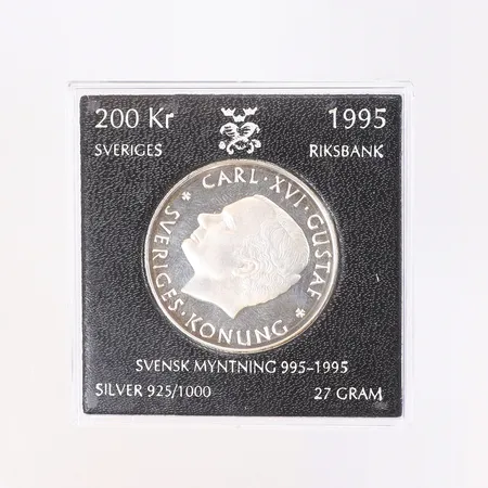 Minnesmynt Carl XVI Gustaf Svergies Konung, "200kr", år 1995, 925/1000 silver Vikt: 27,3 g