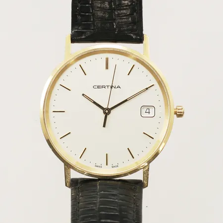 Herrur Certina Ø33mm quartz datum, boett i 18K läderband gravyr, går ej