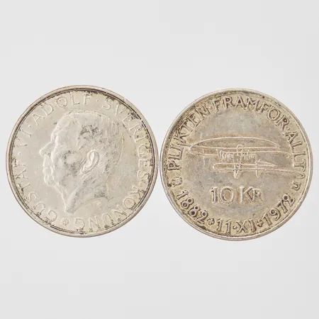 Två mynt 10 kronor (år 1972) 830/1000 silver bruttovikt 36g 