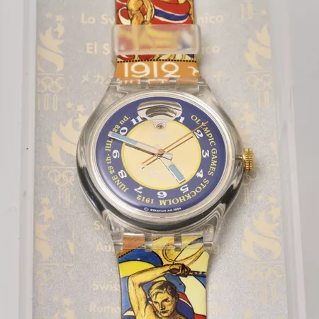Armbandsur Swatch Olympic Games Stockholm 1912, tillverka 1994 inför OS i Atlanta 1996, automat, Ø37mm, ref/serie-nr 2842-V8V4B, plast, plexiglas, plastband, längd 16-1cm, bruksskick, originalbox med OS-hologram samt garantibevi medföljer.