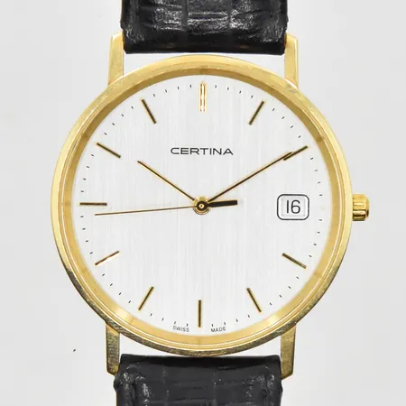 Herrur Certina 14K, quartz, Ø34mm, EOL 158.9289.65, datum, läderband, graverad bakboett, behov av batteribyte, etui, box. bruttovikt 29,1g.